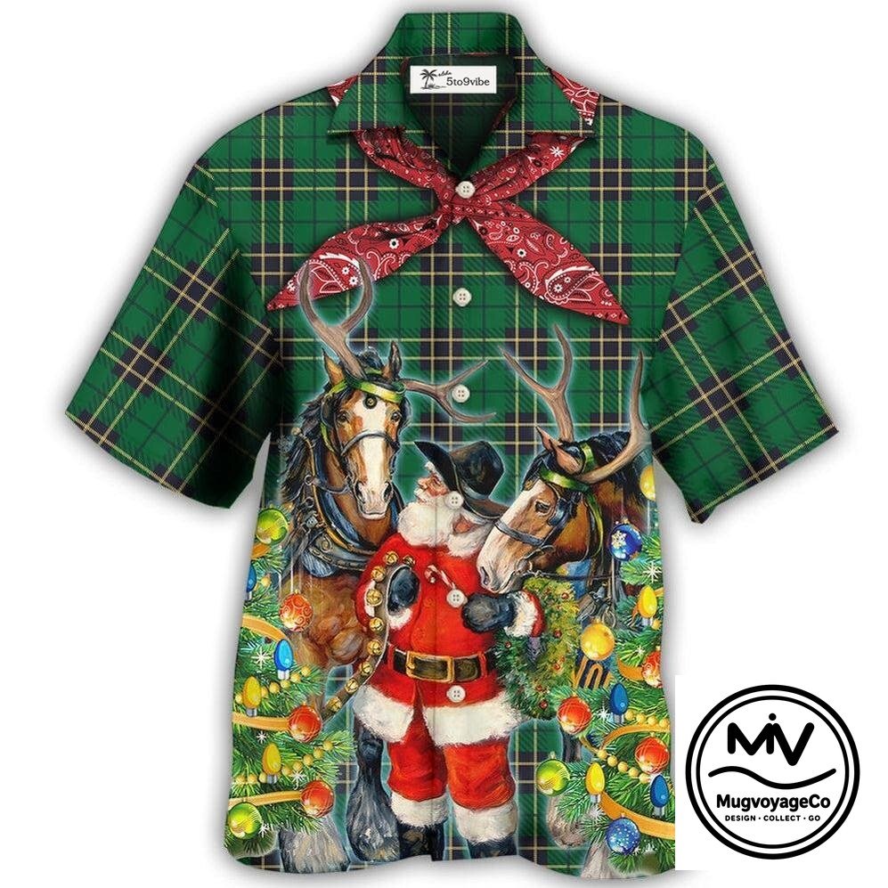 Cowboy Santa Christmas Green Plaid Hawaiian Shirt with Reindeer Horses