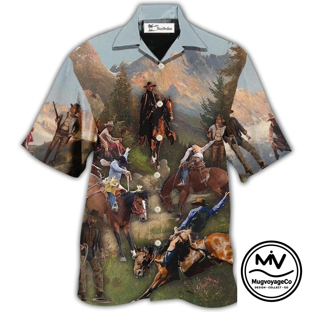 Cowboy Into The Forest Hawaiian Shirt Western Mountain Landscape