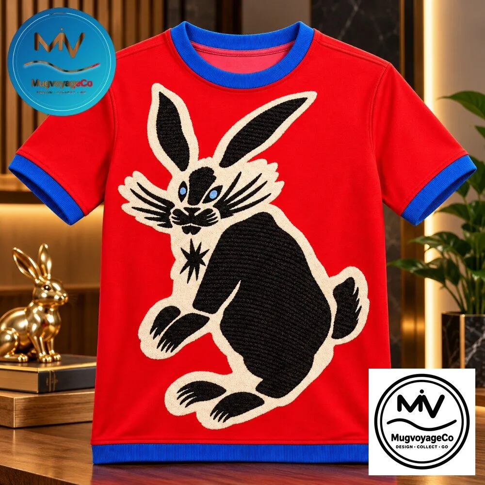 Red Bunny Graphic T-Shirt Short Sleeve Round Neck Contrast Trim Top